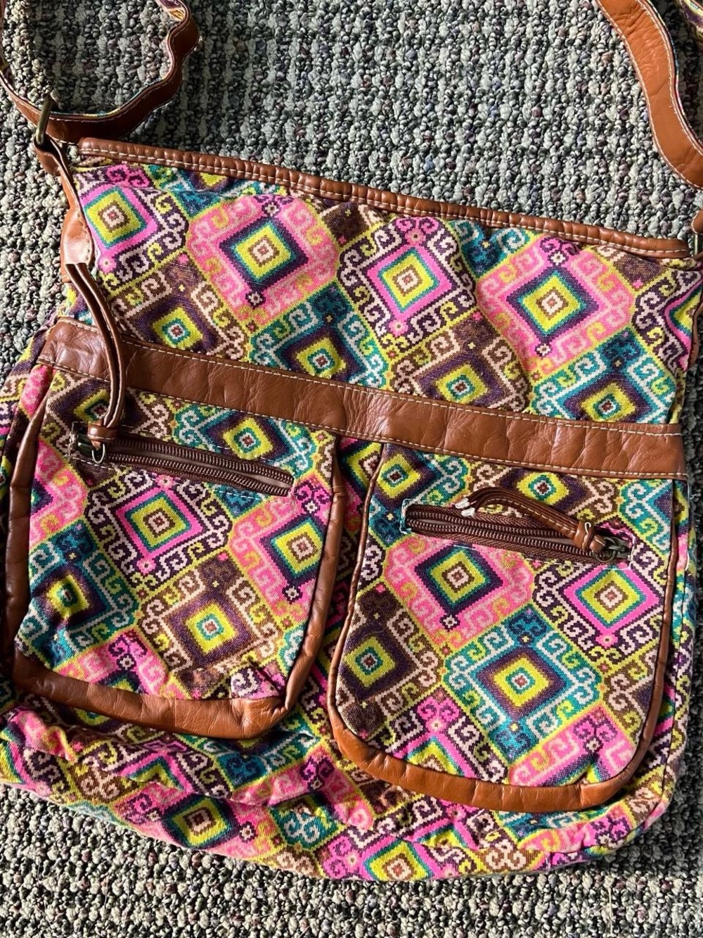 Y2K Twee Boho Geometric Pattern Crossbody Bag - Pink & Brown